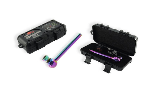 Travelbox mit Glaspfeife 12 cm Grinder und Siebe