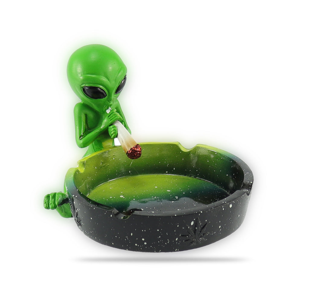 Aschenbecher Alien mit Hanfblatt und Joint grün – bongrauch